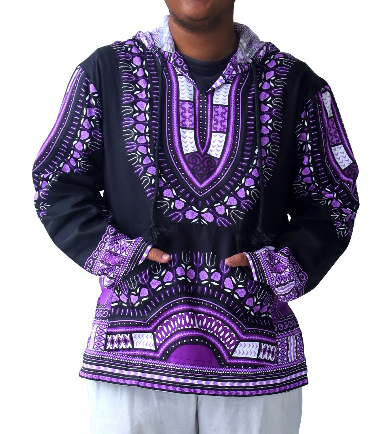 African Dashiki Long Sleeve Pull String Hoodie Light Cotton Shirt