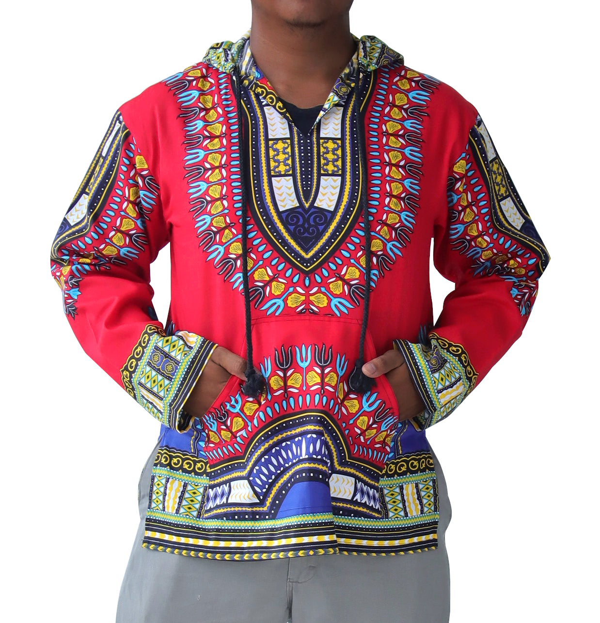 African Dashiki Long Sleeve Pull String Hoodie Light Cotton Shirt