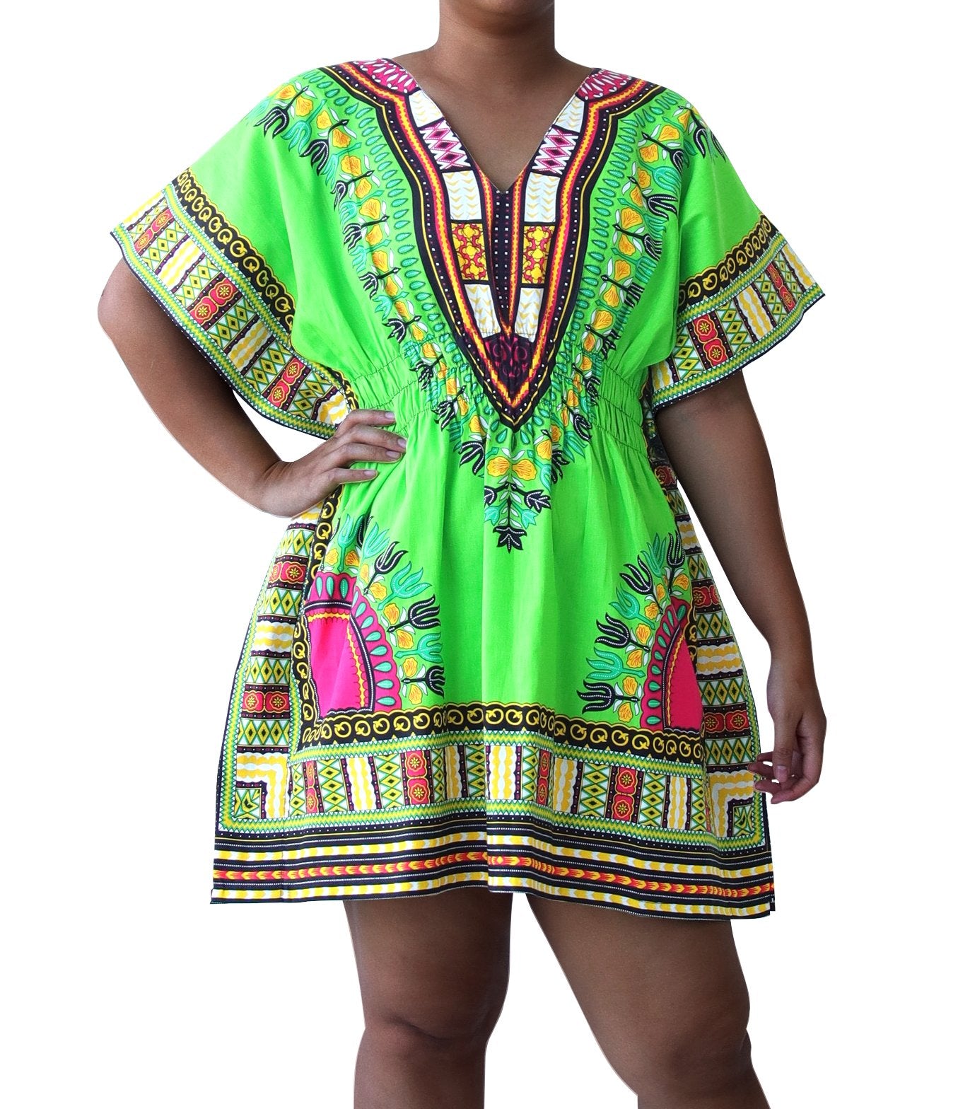 African Dashiki Ledies Shirt - Empire Bust Smocked Dashiki Blouse V-Collar Short Summer Dress