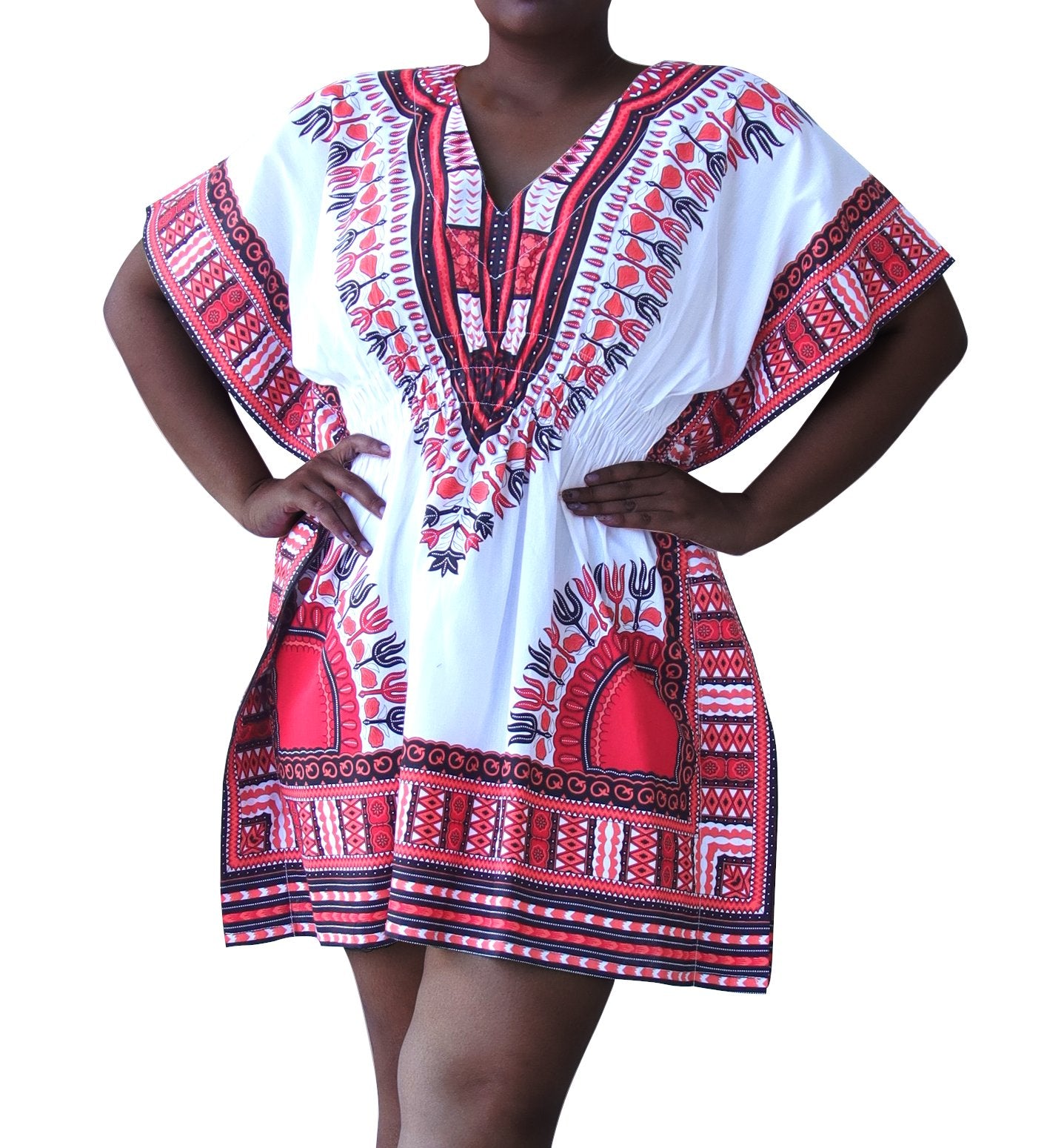 African Dashiki Ledies Shirt - Empire Bust Smocked Dashiki Blouse V-Collar Short Summer Dress