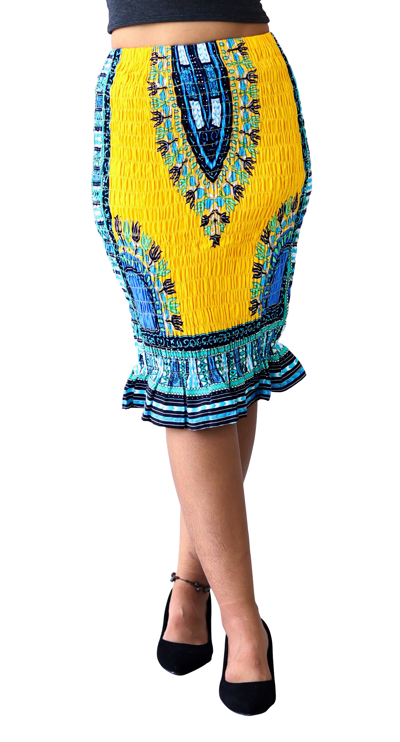 Ladies Dashiki Tight Form Fitting Pencil Skirt Smocked Pull In Frilled Pattern