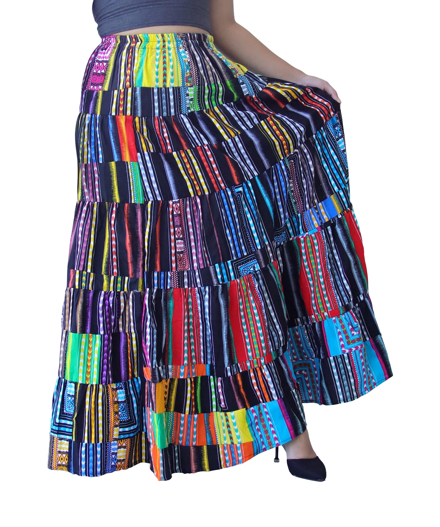 African Dashiki Wide Full Maxi Skirt - Mixed Patchwork Long Elastic Waist