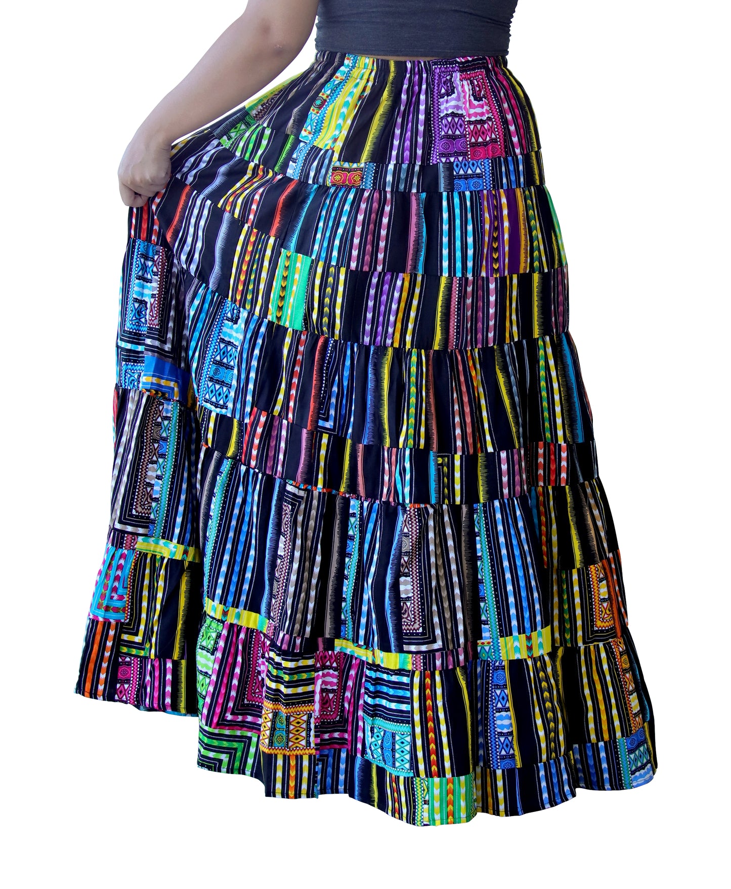African Dashiki Wide Full Maxi Skirt - Mixed Patchwork Long Elastic Waist