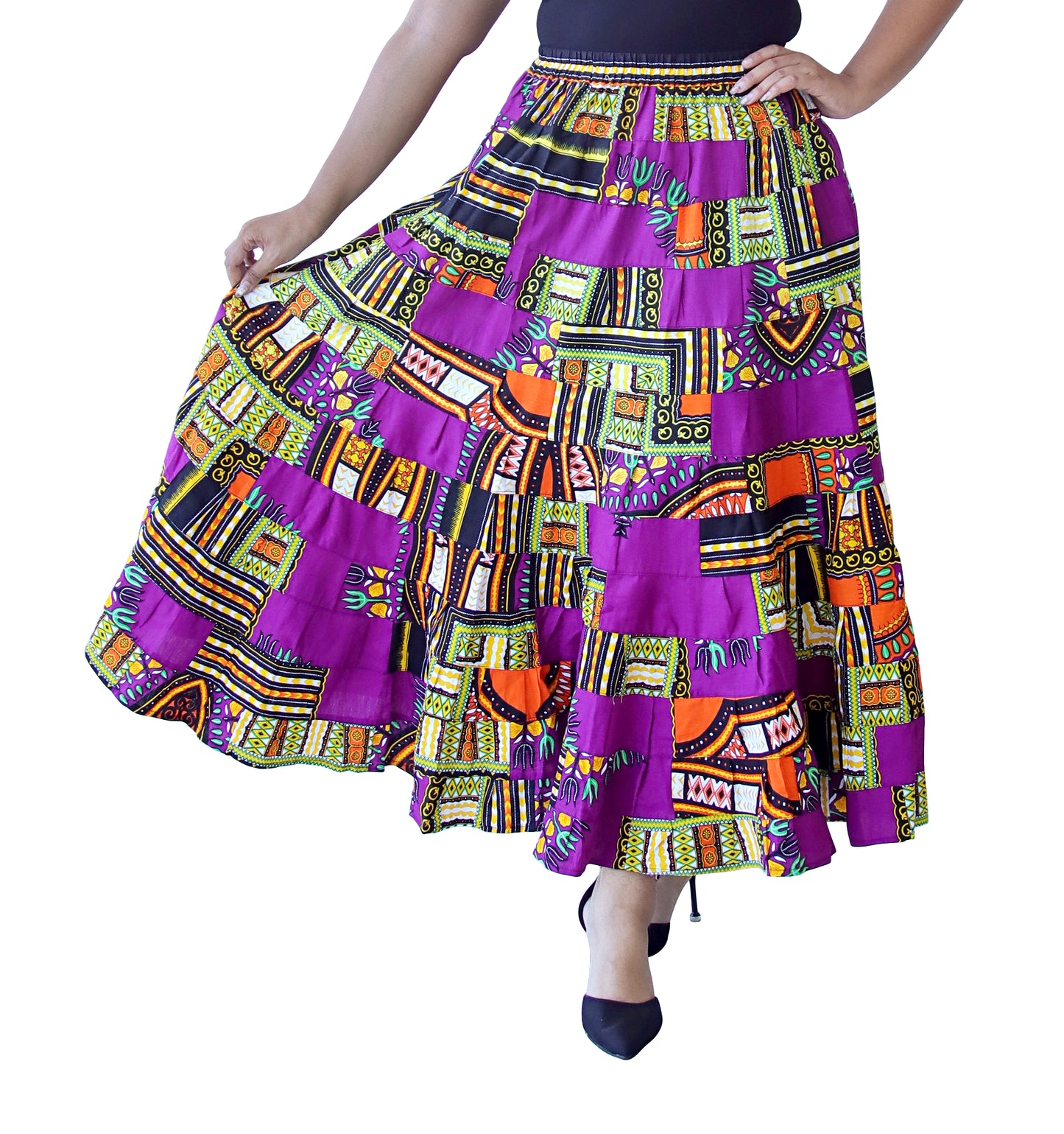 African Dashiki Skirt 14 Layer Flowing - In Bright Multi Color Patches