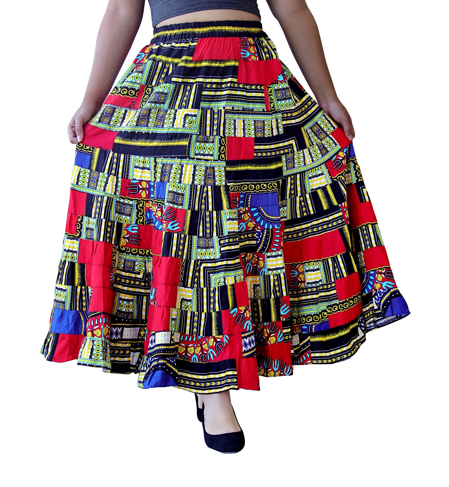 African Dashiki Skirt 14 Layer Flowing - In Bright Multi Color Patches