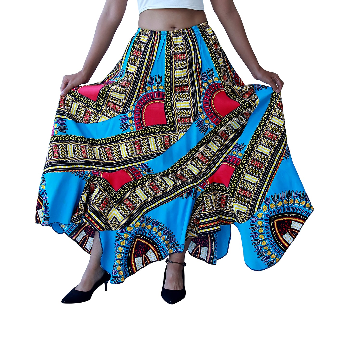 DA'IKI Wild Festival Flamenco Dancing Skirt Dashiki Patch Long with Elastic Waist