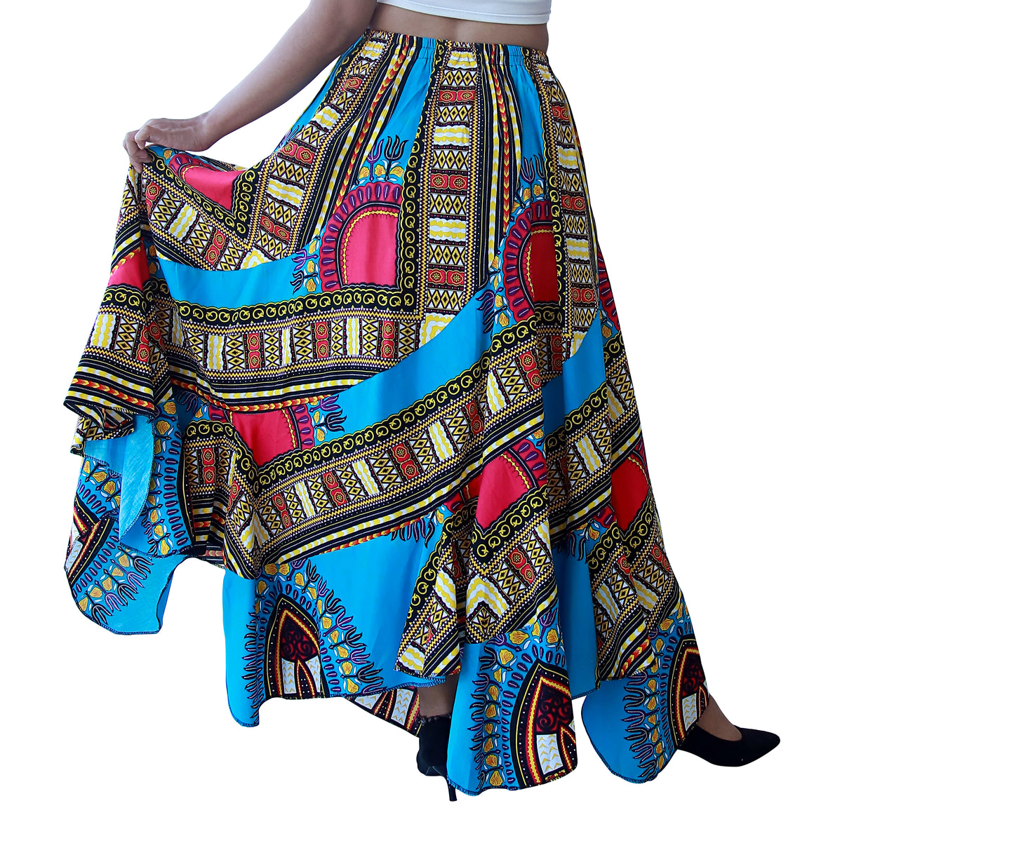 DA'IKI Wild Festival Flamenco Dancing Skirt Dashiki Patch Long with Elastic Waist