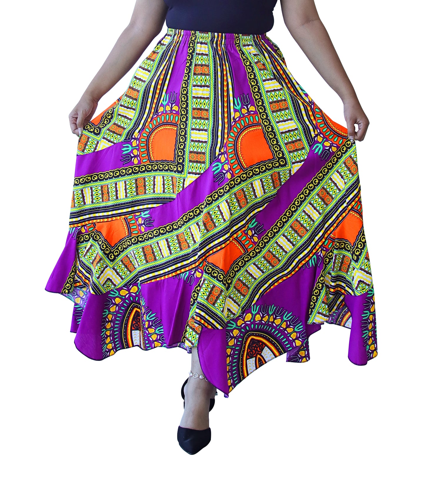 DA'IKI Wild Festival Flamenco Dancing Skirt Dashiki Patch Long with Elastic Waist