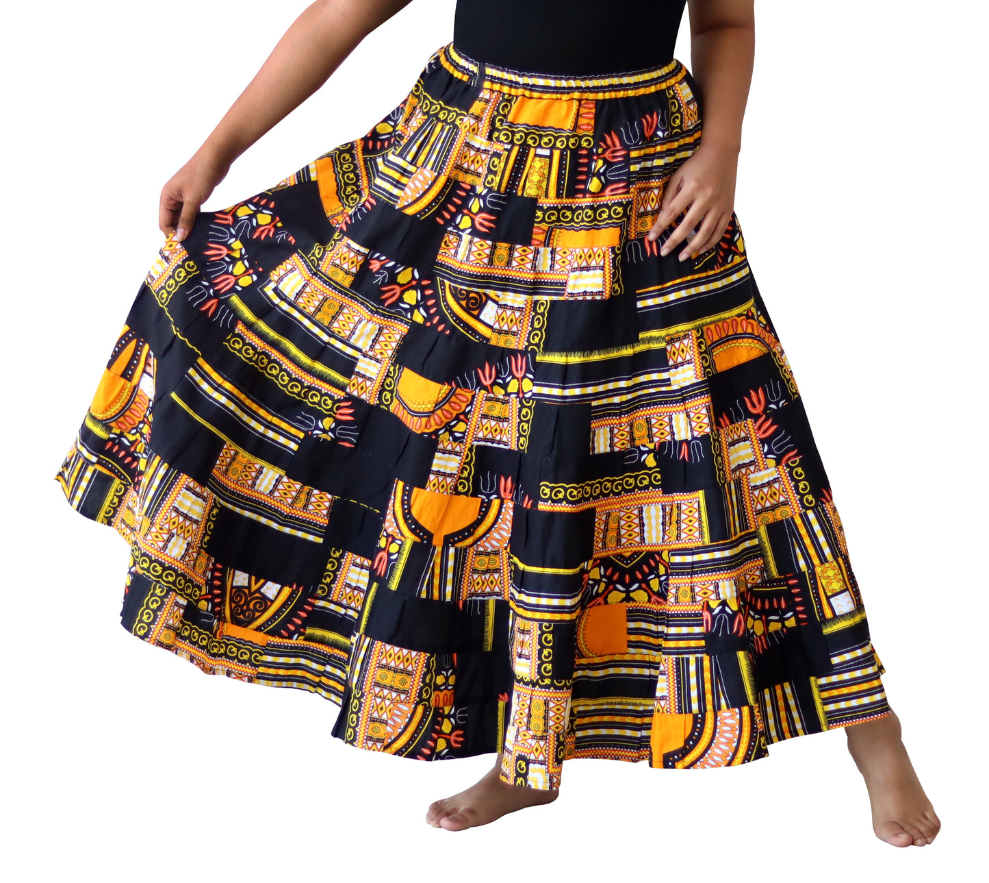 African Dashiki Skirt 14 Layer Flowing - In Bright Multi Color Patches