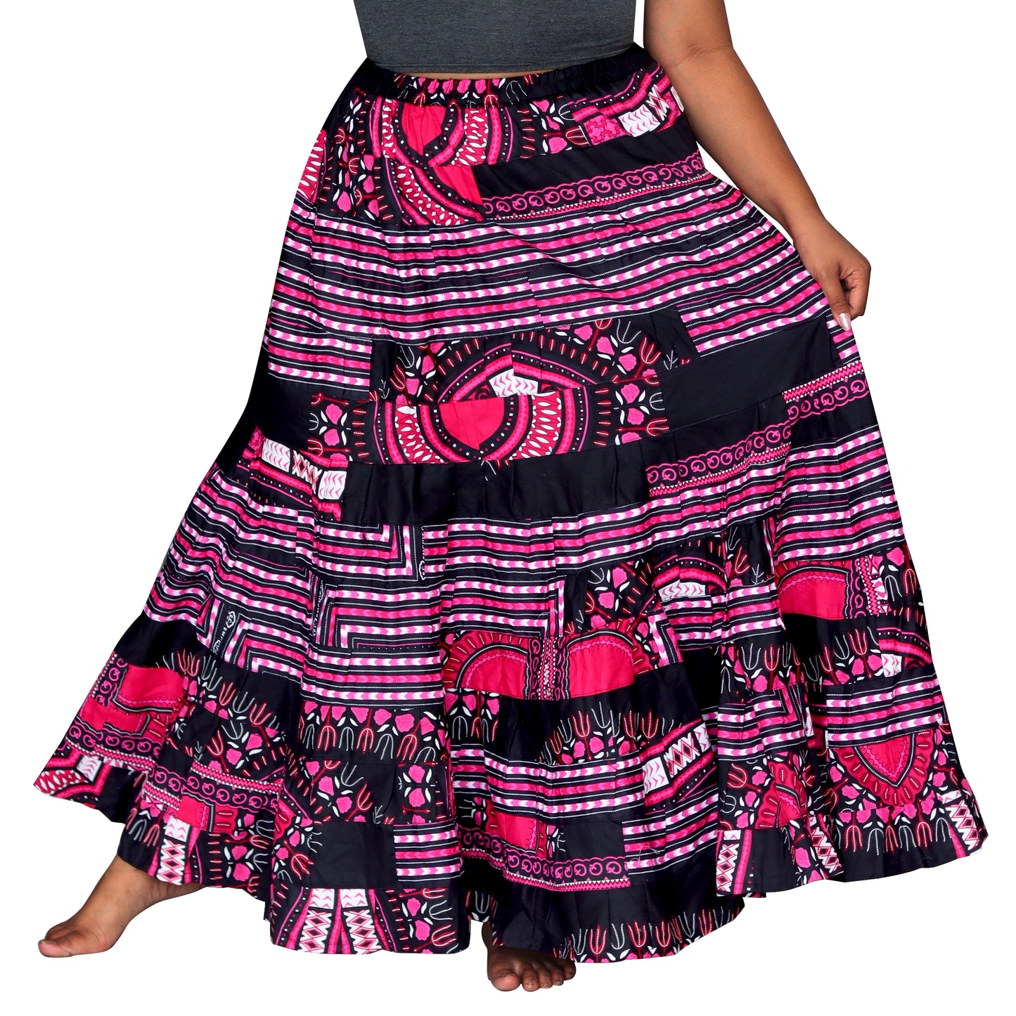 African Dashiki Skirt 14 Layer Flowing - In Bright Multi Color Patches