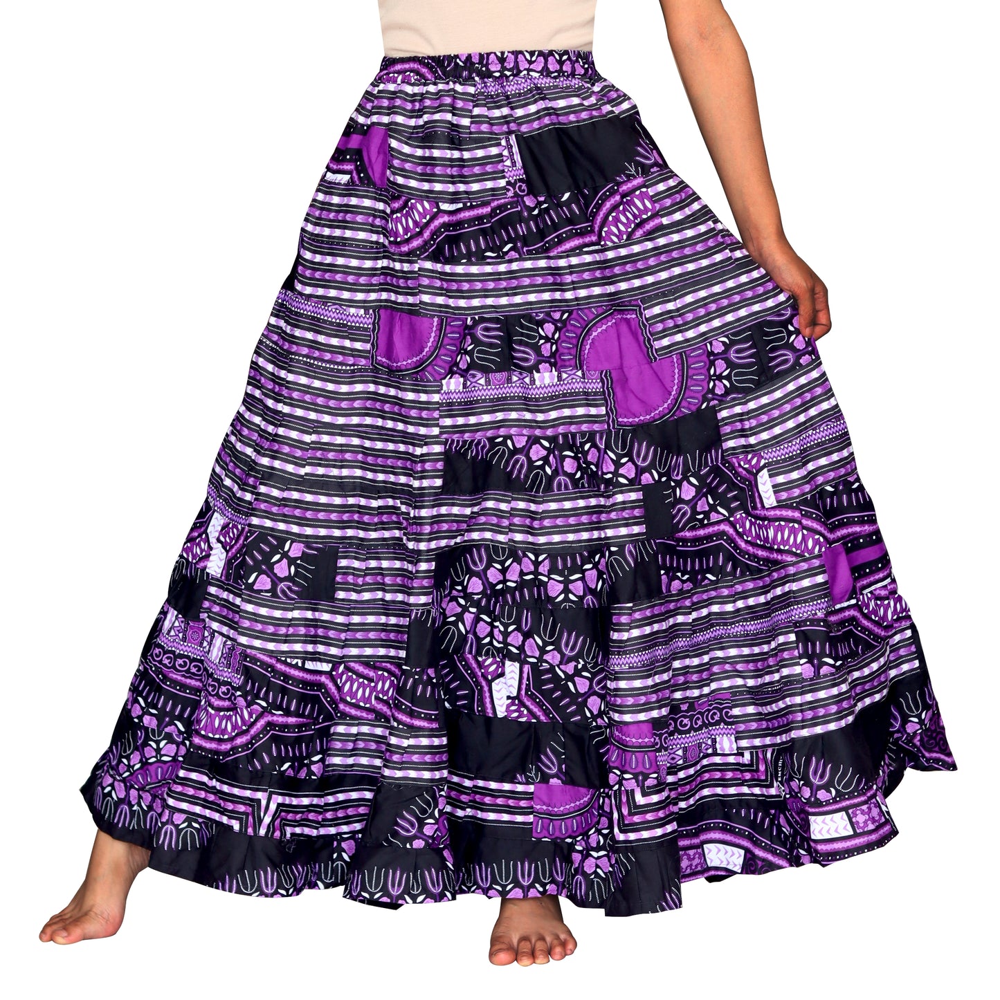 African Dashiki Skirt 14 Layer Flowing - In Bright Multi Color Patches