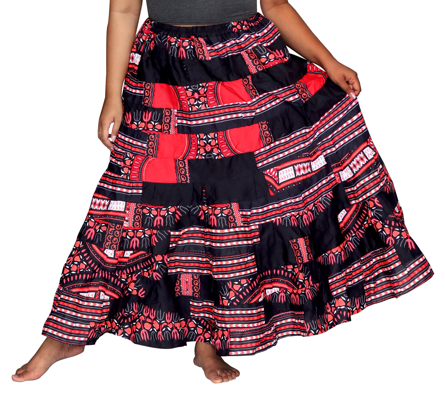 African Dashiki Skirt 14 Layer Flowing - In Bright Multi Color Patches