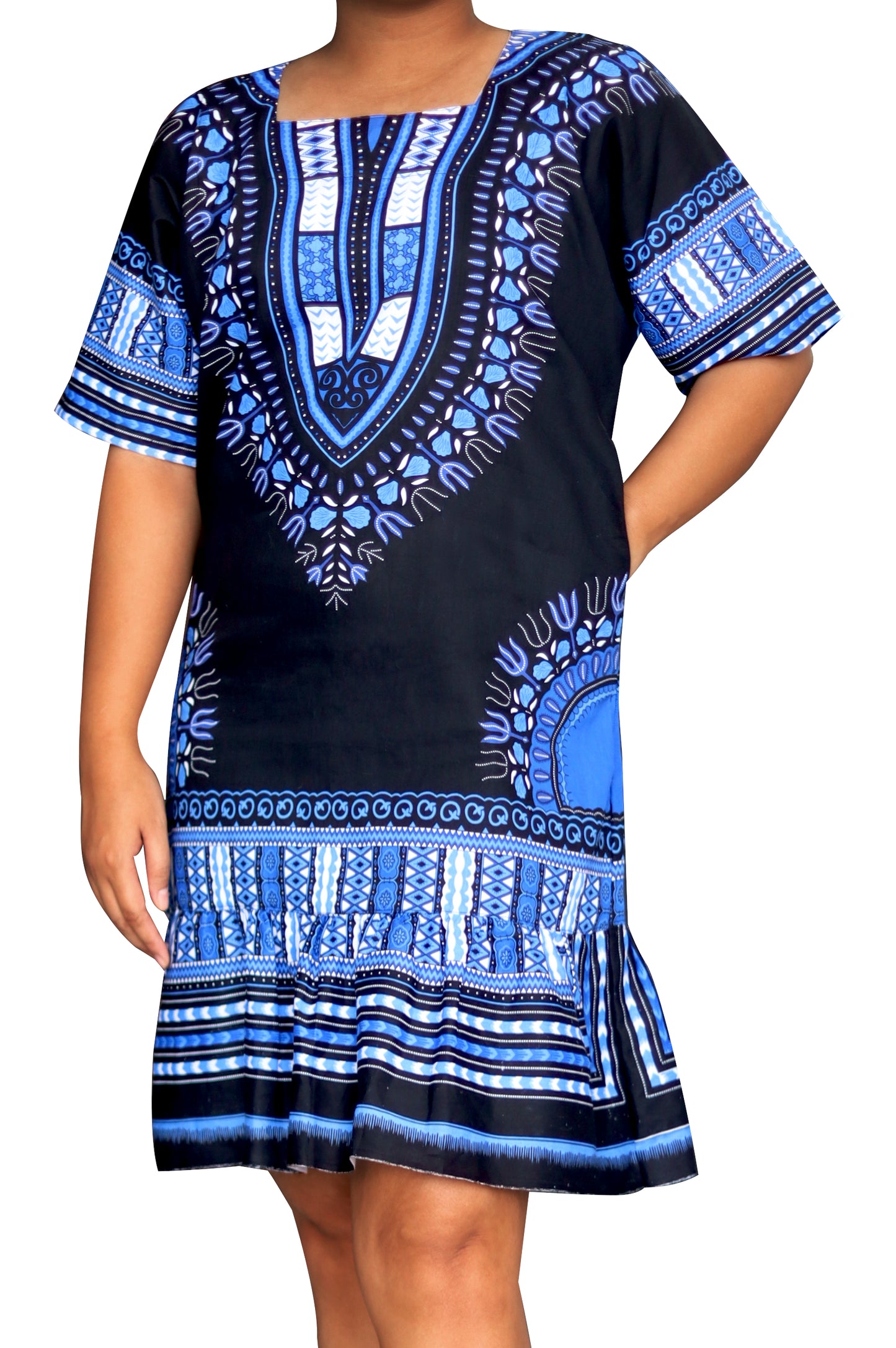 African Dashiki Dress - Women's Boho Ruffle Short Dress with Pockets