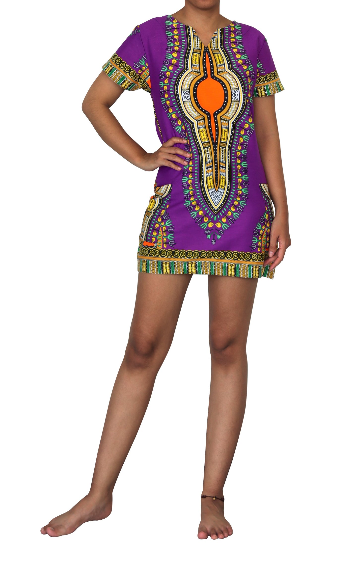 African Dashiki Mini Dress - Pocket side with Zipper Back