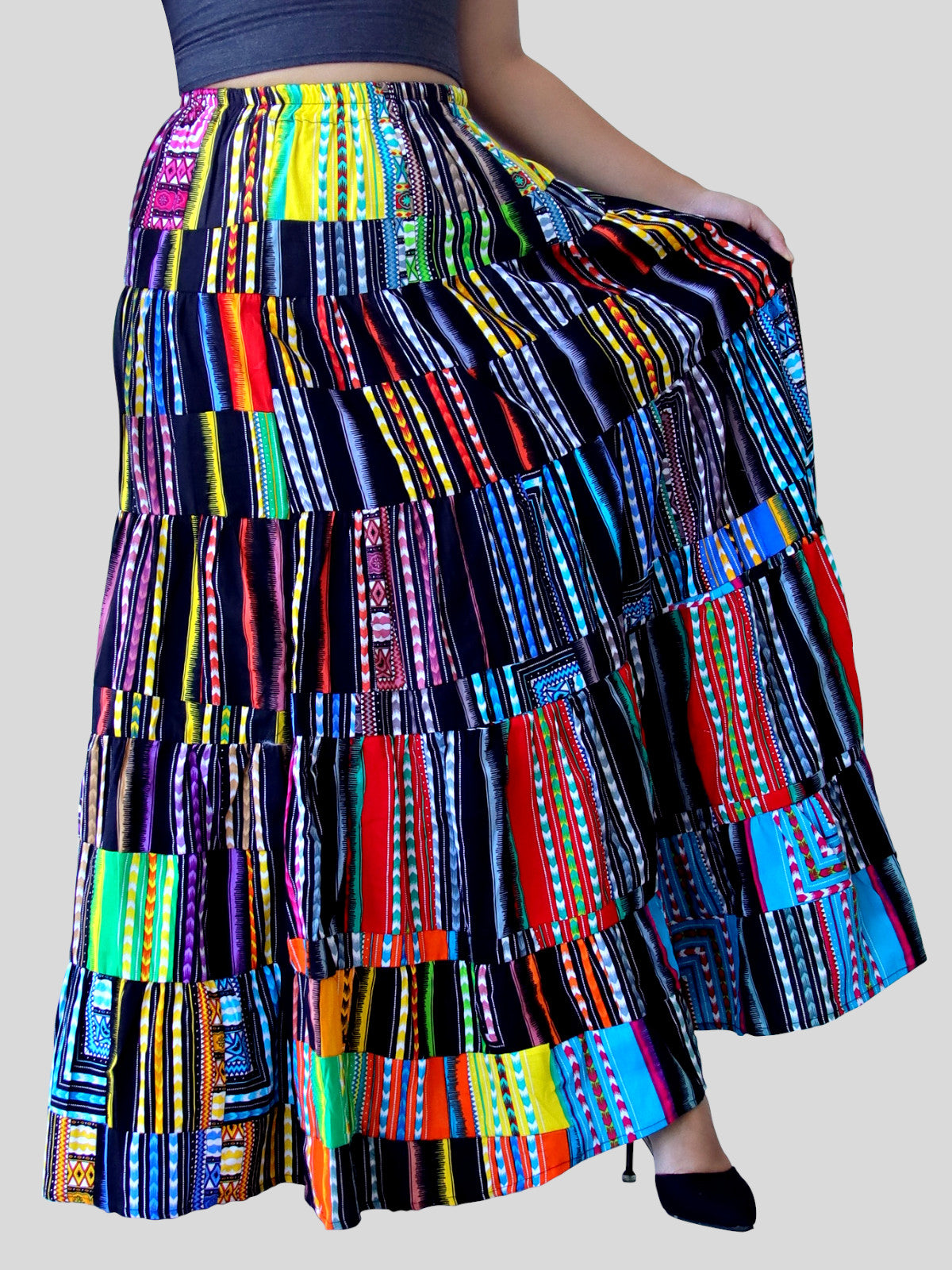 African Dashiki Wide Full Maxi Skirt - Mixed Patchwork Long Elastic Waist