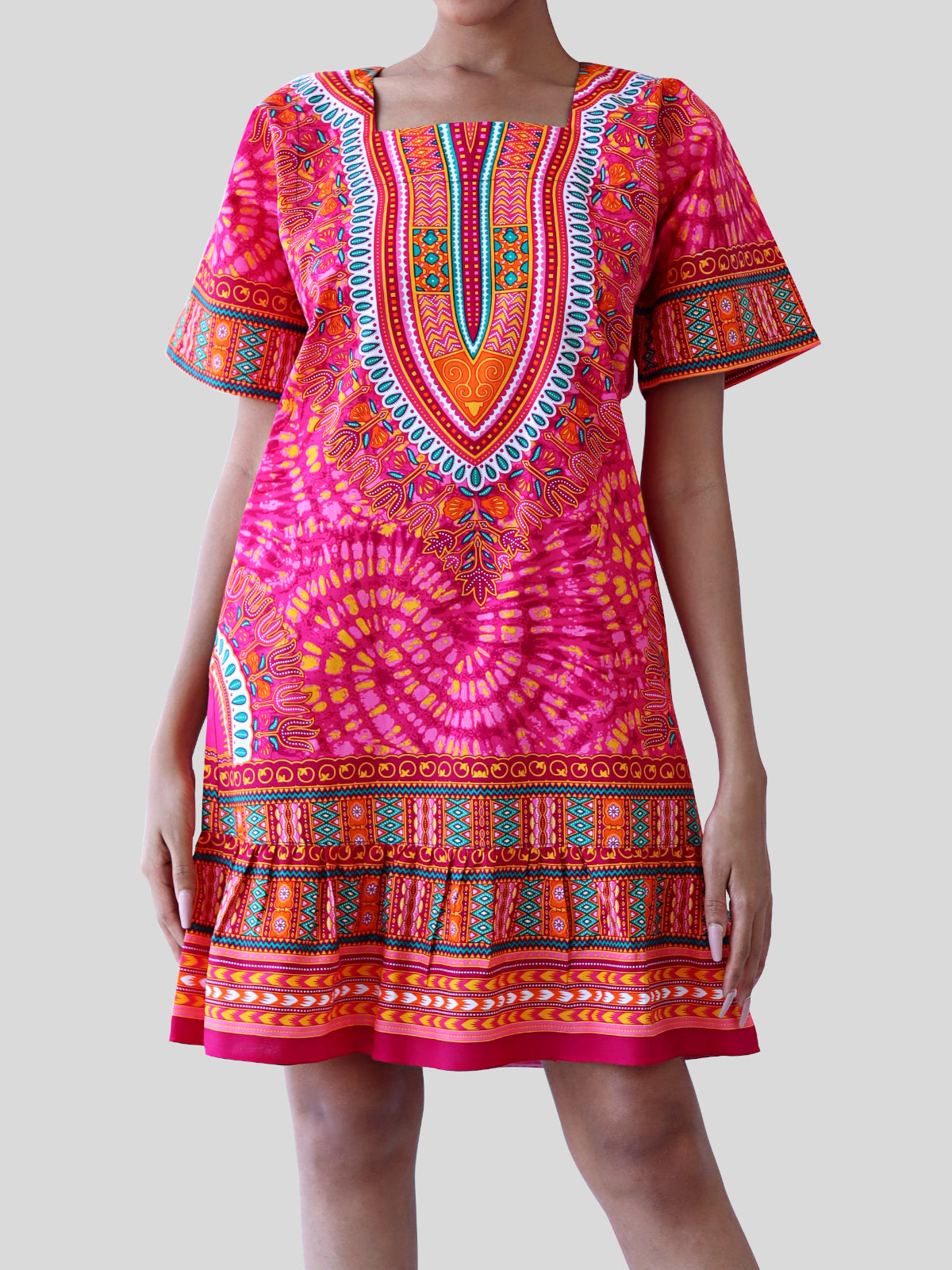 African Dashiki Dress - Women's Boho Ruffle Short Dress with Pockets