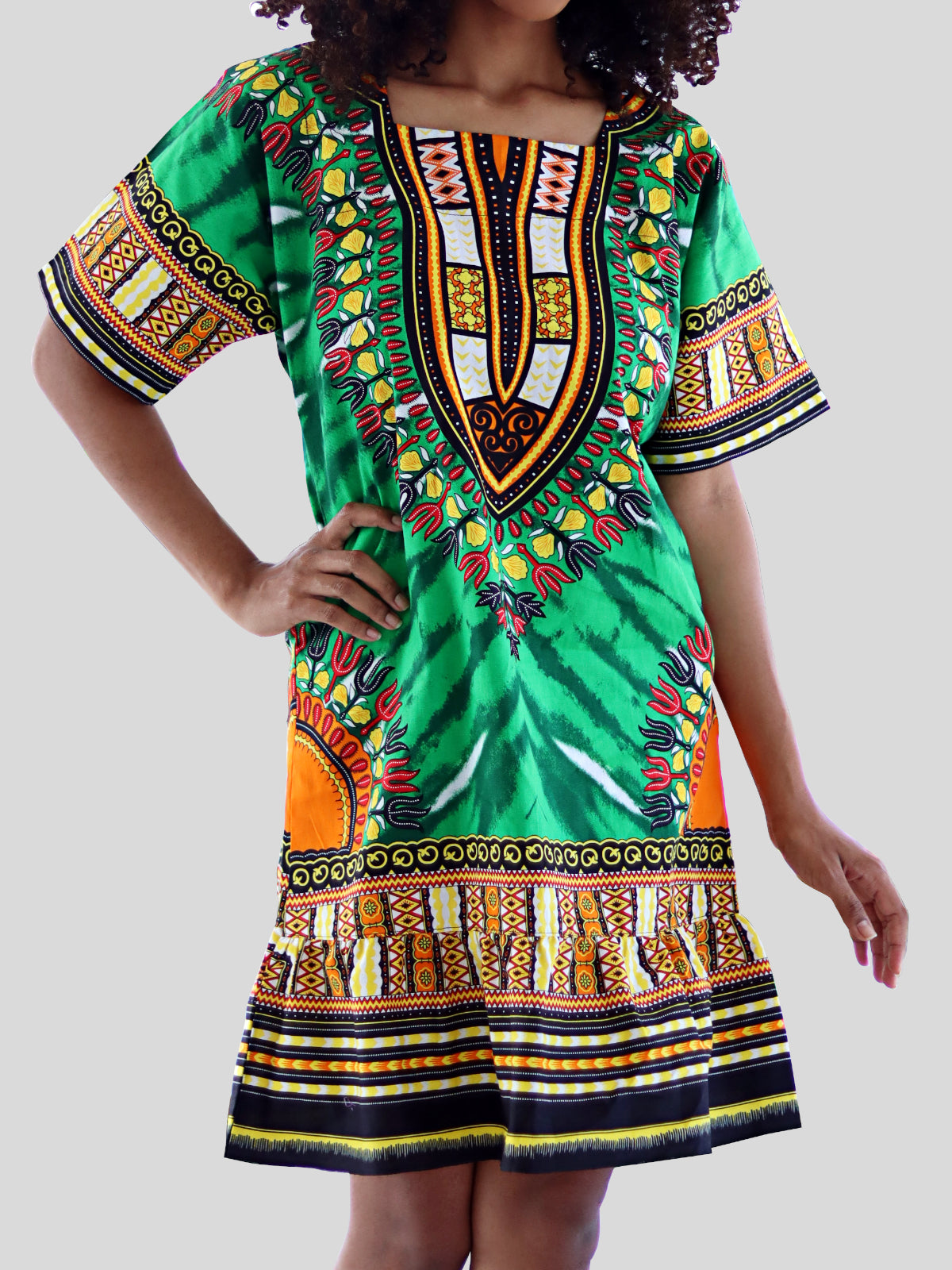 African Dashiki Dress - Women's Boho Ruffle Short Dress with Pockets