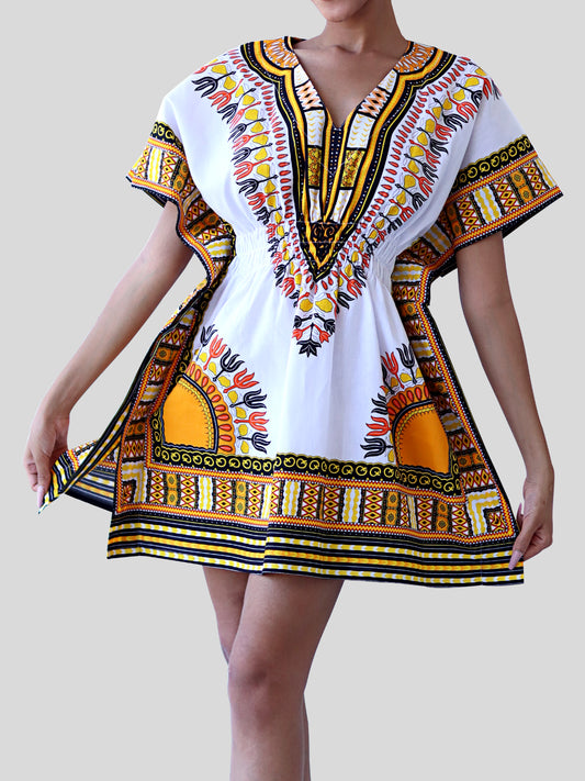 African Dashiki Ledies Shirt - Empire Bust Smocked Dashiki Blouse V-Collar Short Summer Dress