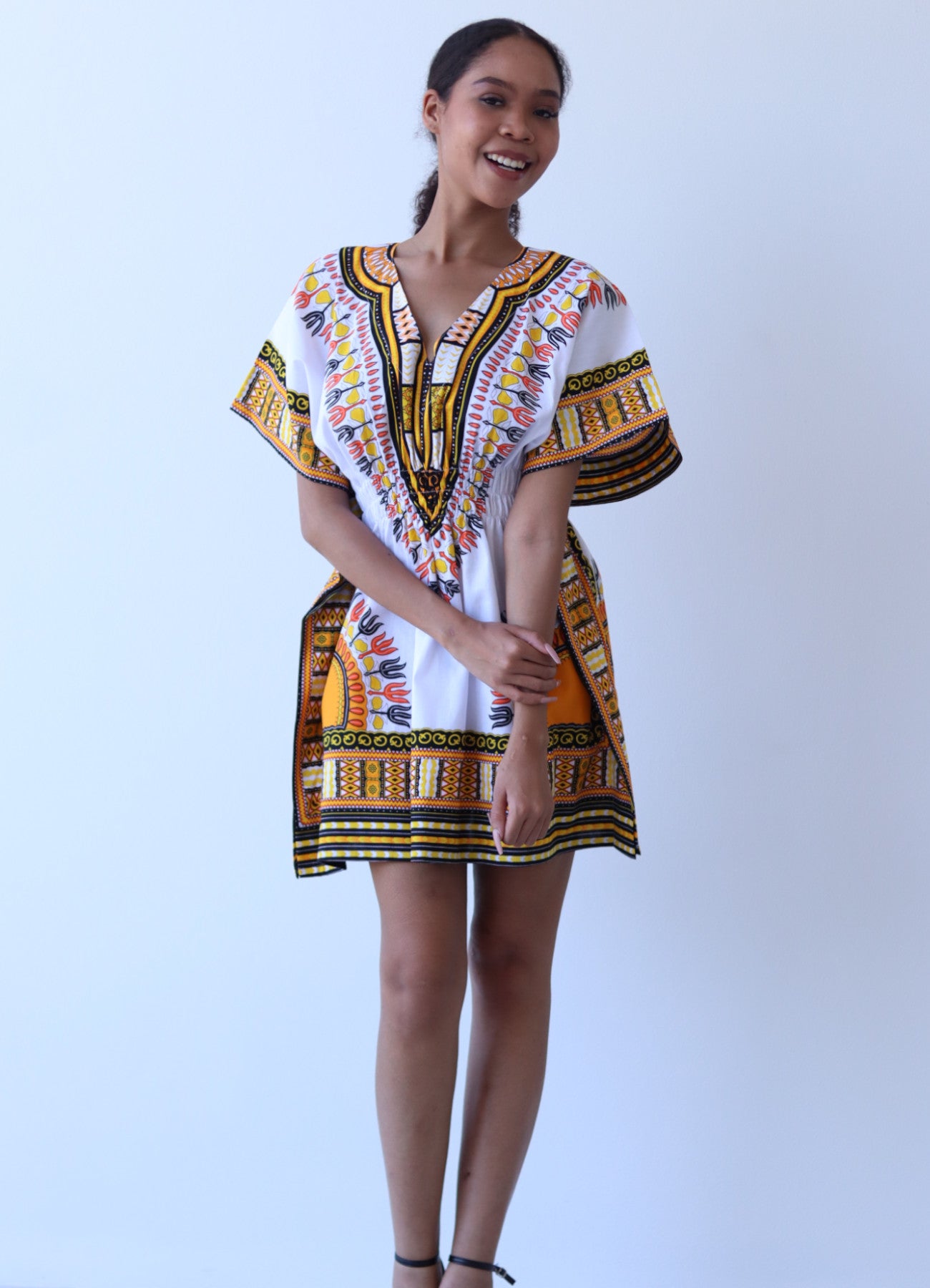 African Dashiki Ledies Shirt - Empire Bust Smocked Dashiki Blouse V-Collar Short Summer Dress