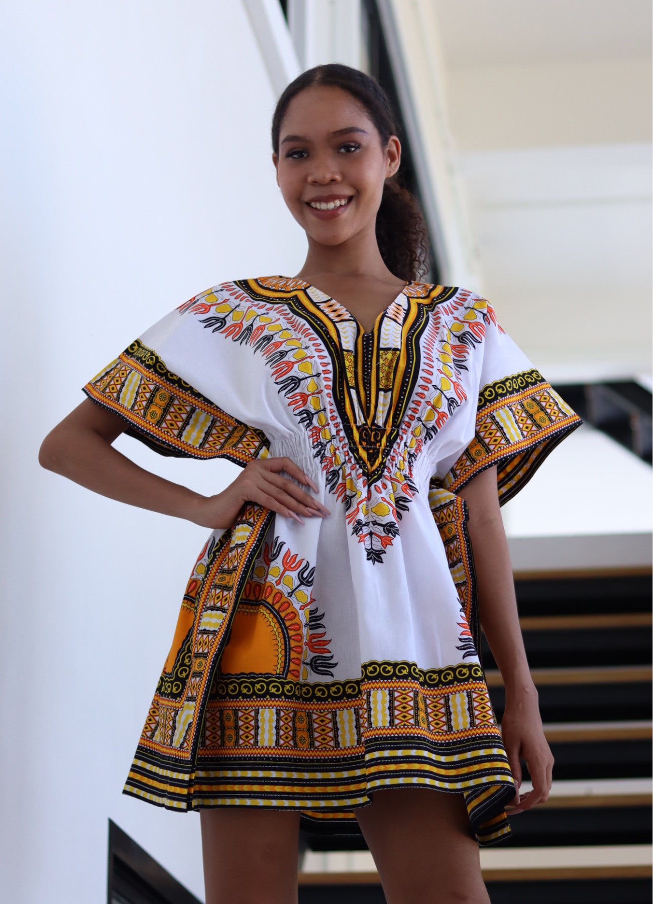 African Dashiki Ledies Shirt - Empire Bust Smocked Dashiki Blouse V-Collar Short Summer Dress