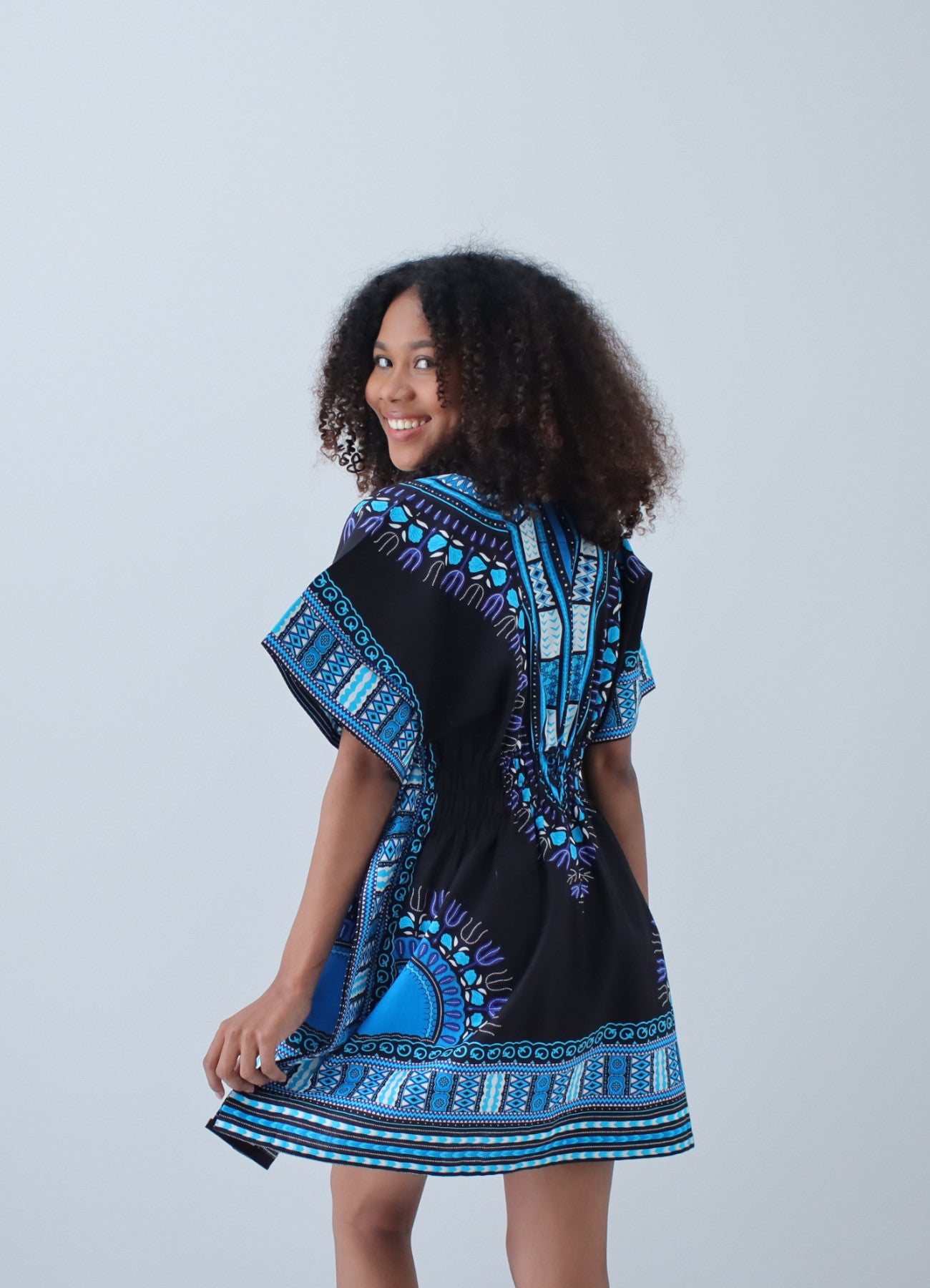 African Dashiki Ledies Shirt - Empire Bust Smocked Dashiki Blouse V-Collar Short Summer Dress
