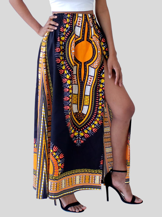African Dashiki Skirt Side Slit - Kente Ankara Art Print Elastic Waist Dance Skirt