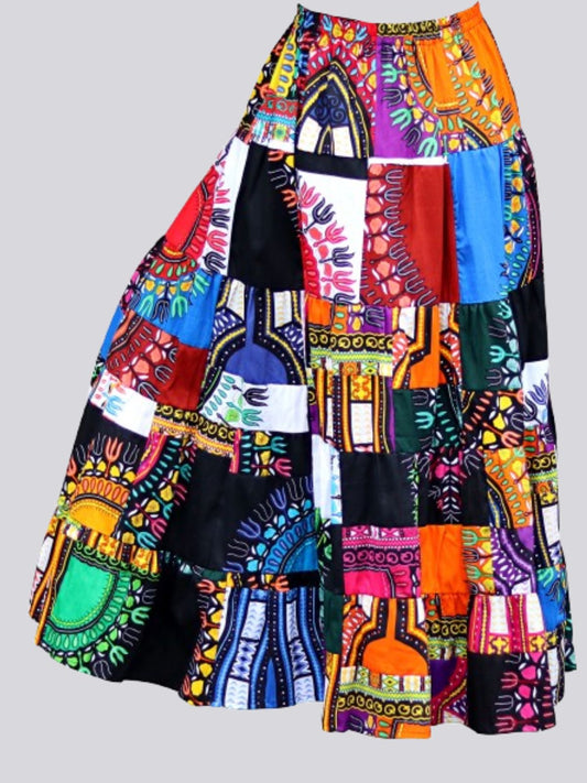 African Dashiki Wide Full Stepped Maxi Skirt - Mixed Patchwork Long Elastic Waist