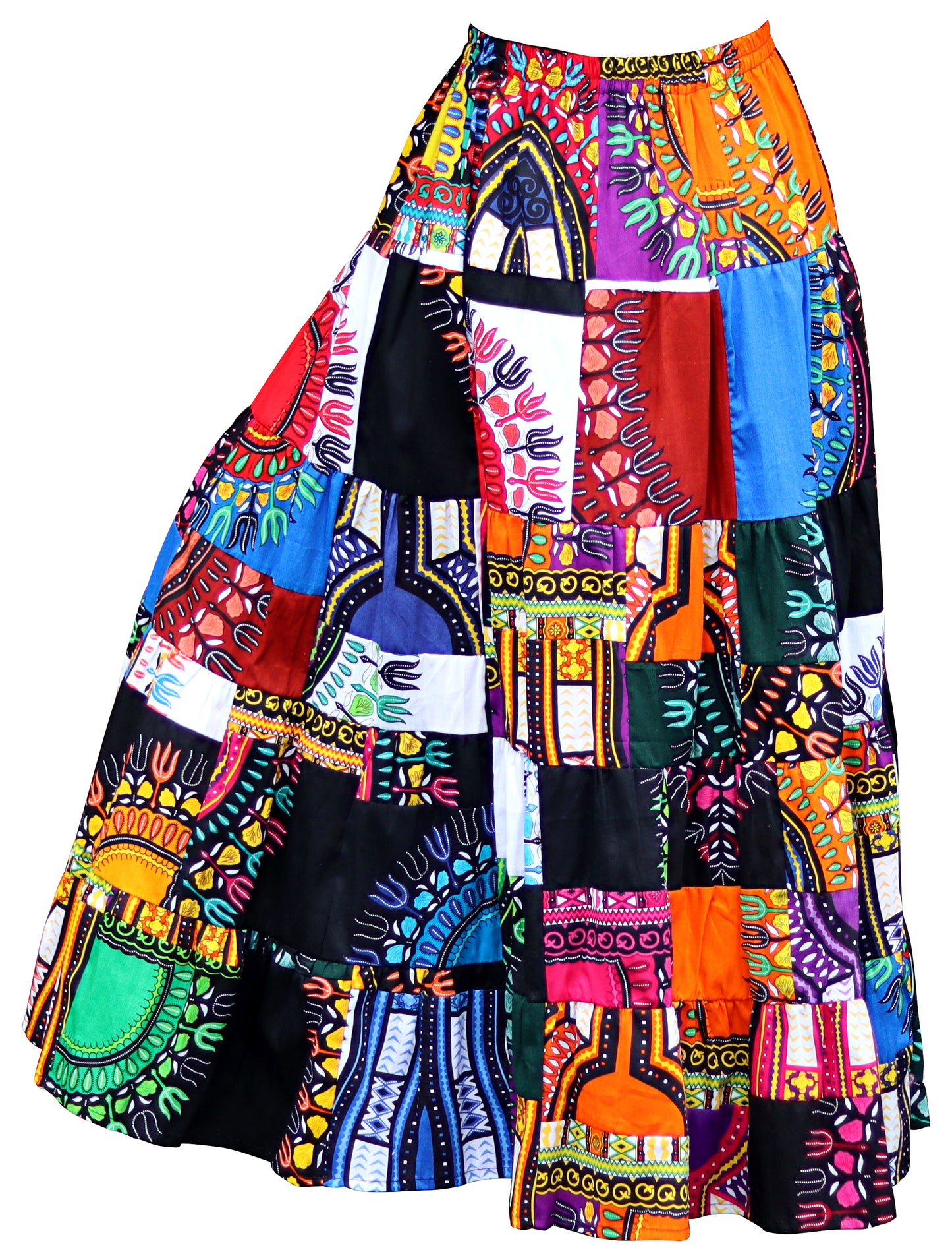 African Dashiki Wide Full Stepped Maxi Skirt - Mixed Patchwork Long Elastic Waist