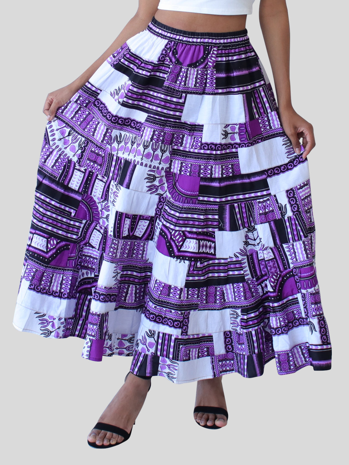 African Dashiki Skirt 14 Layer Flowing - In Bright Multi Color Patches