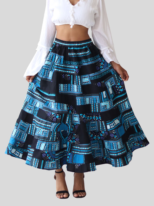 African Dashiki Skirt 14 Layer Flowing - In Bright Multi Color Patches