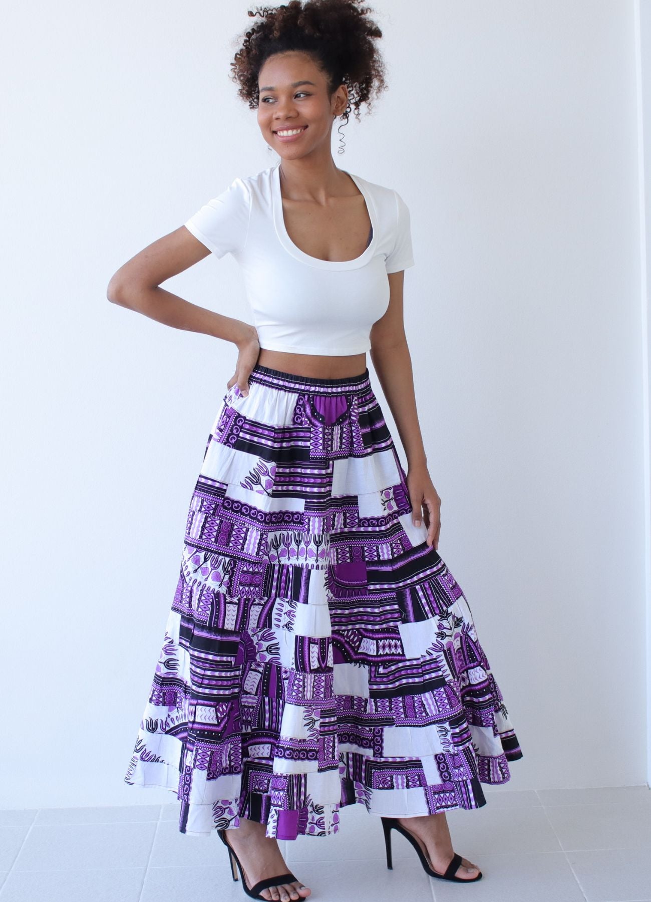 African Dashiki Skirt 14 Layer Flowing - In Bright Multi Color Patches