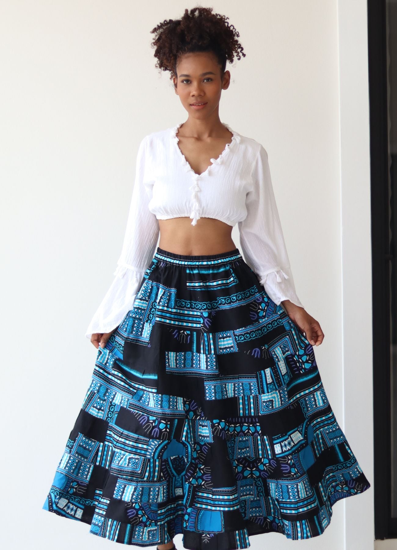 African Dashiki Skirt 14 Layer Flowing - In Bright Multi Color Patches