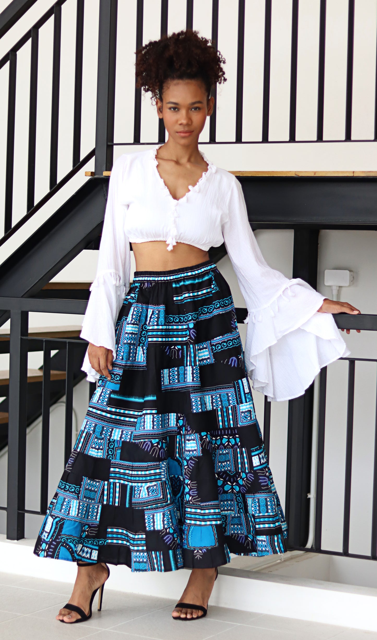 African Dashiki Skirt 14 Layer Flowing - In Bright Multi Color Patches