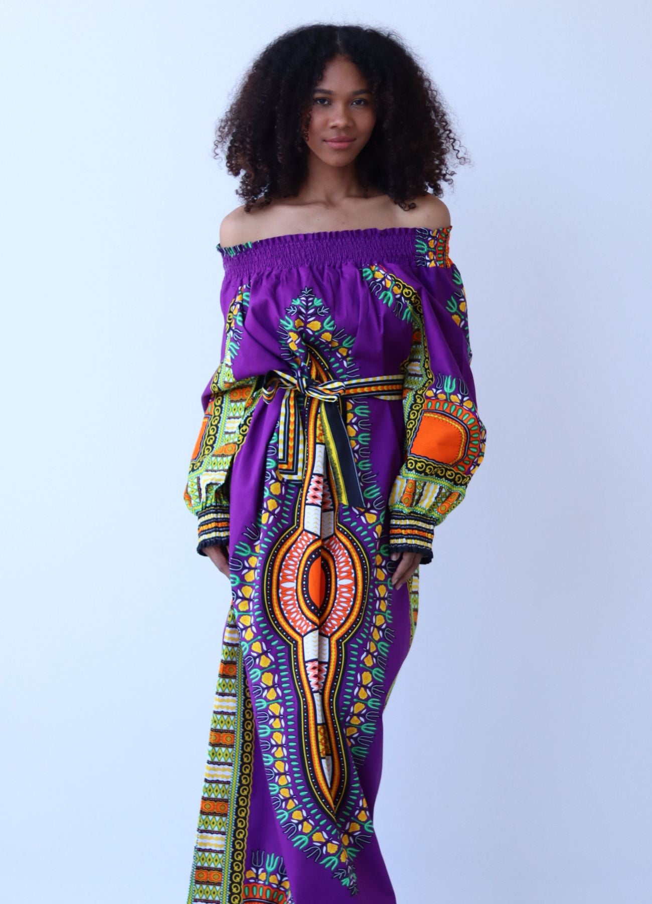 African Dashiki Long Dress - Long Sleeve Off Shoulder Shirt