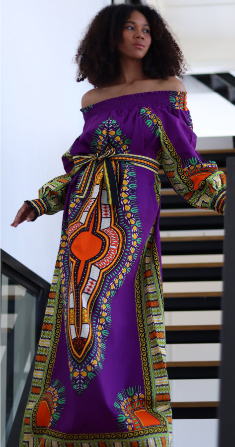 African Dashiki Long Dress - Long Sleeve Off Shoulder Shirt