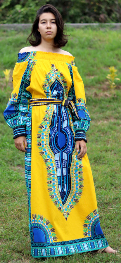 African Dashiki Long Dress - Long Sleeve Off Shoulder Shirt