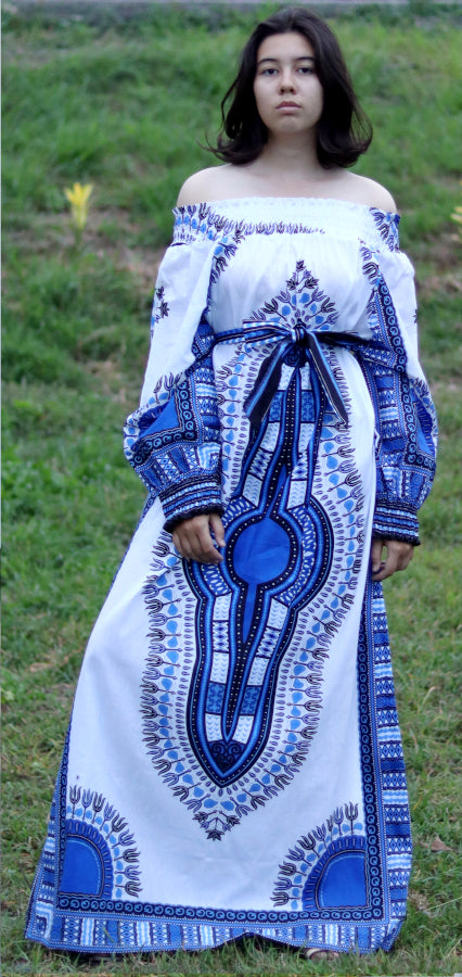 African Dashiki Long Dress - Long Sleeve Off Shoulder Shirt