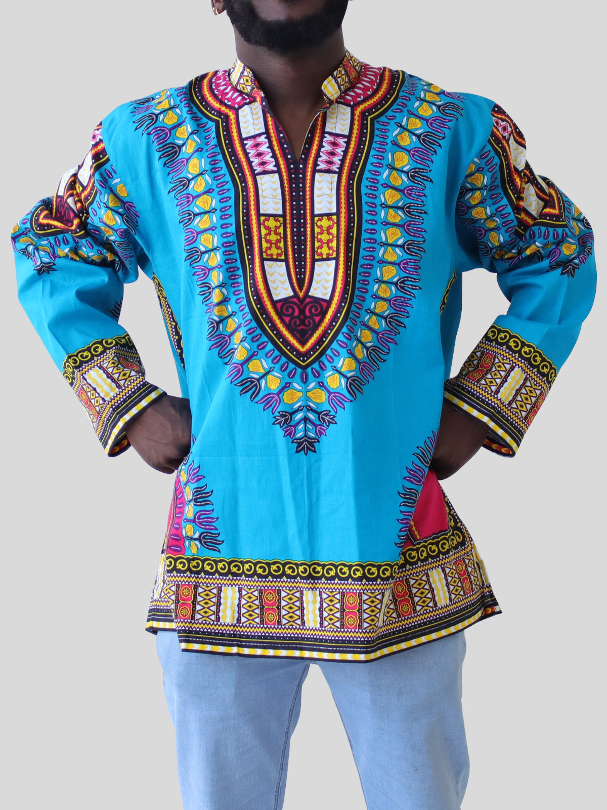 African Dashiki Long Sleeve Shirt - Chinese Mandarin Stand Up Collar