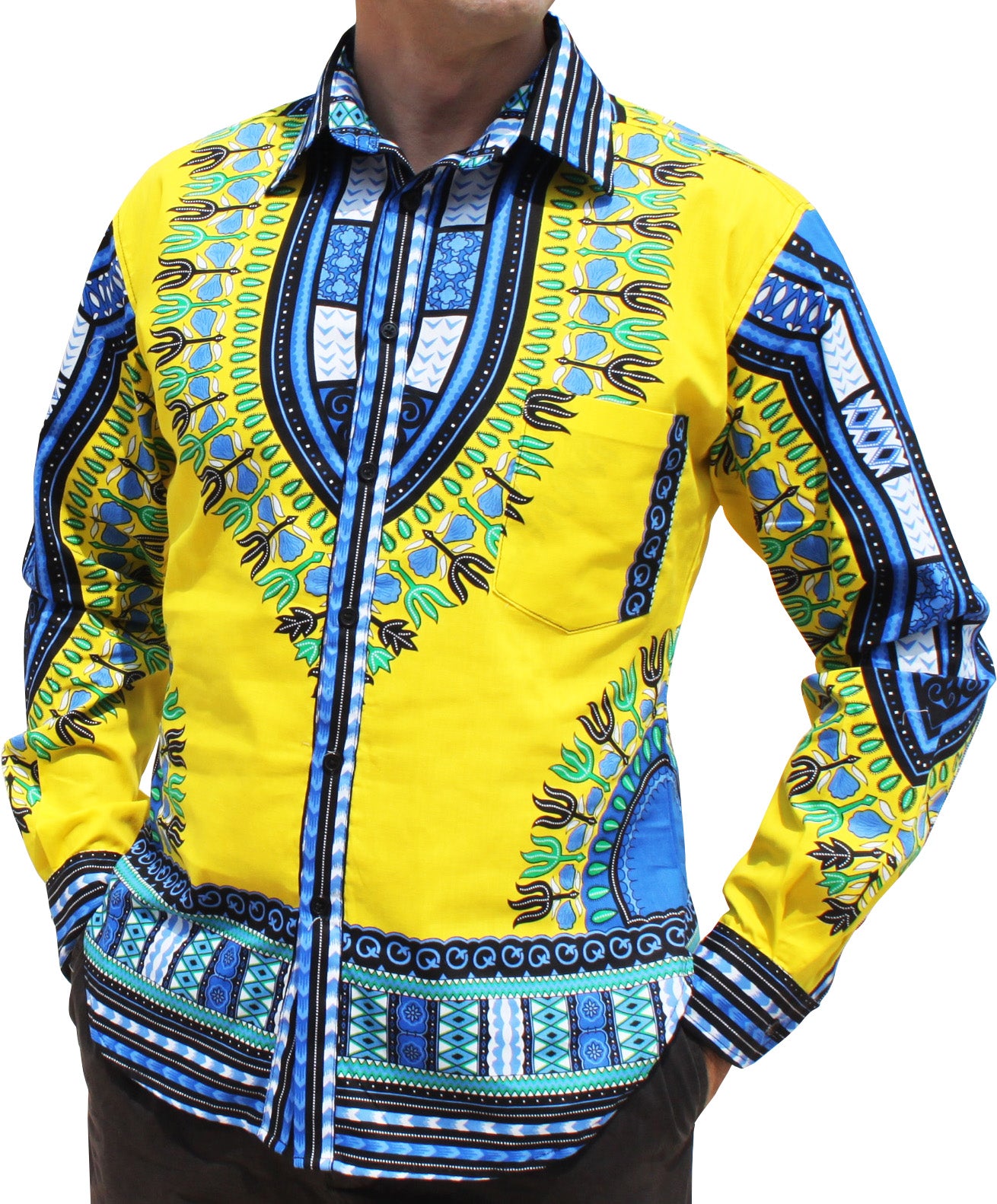 African Dashiki Long Sleeve Shirt - Euro Collar Buttons