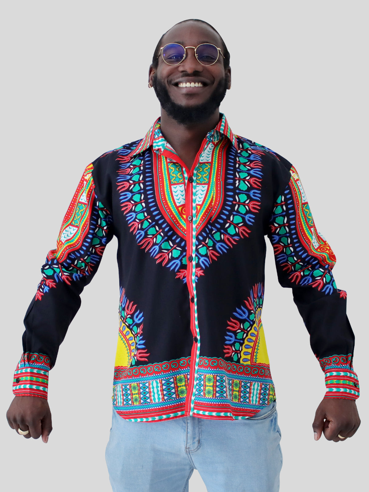 African Dashiki Long Sleeve Shirt - Euro Collar Buttons