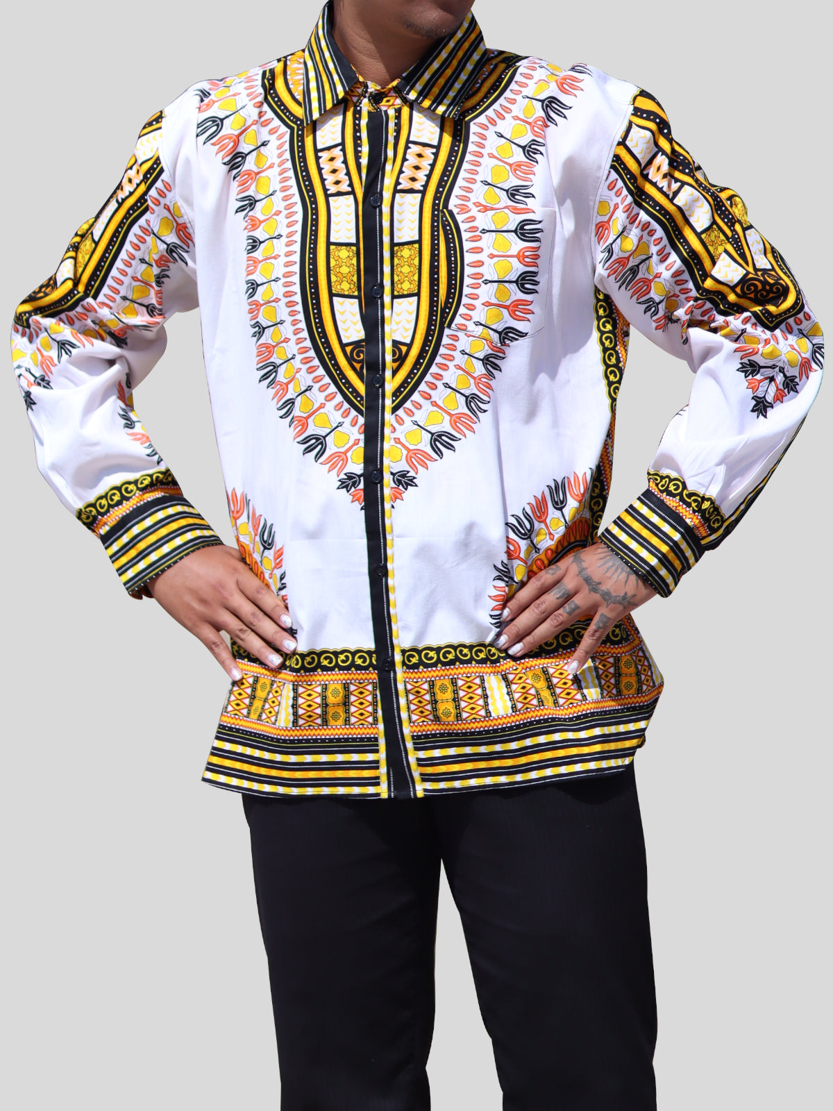 African Dashiki Long Sleeve Shirt - Euro Collar Buttons