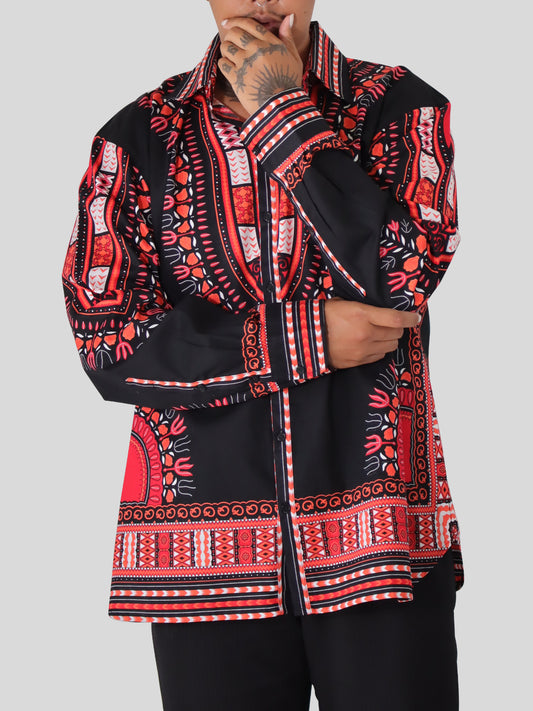 African Dashiki Long Sleeve Shirt - Euro Collar Buttons