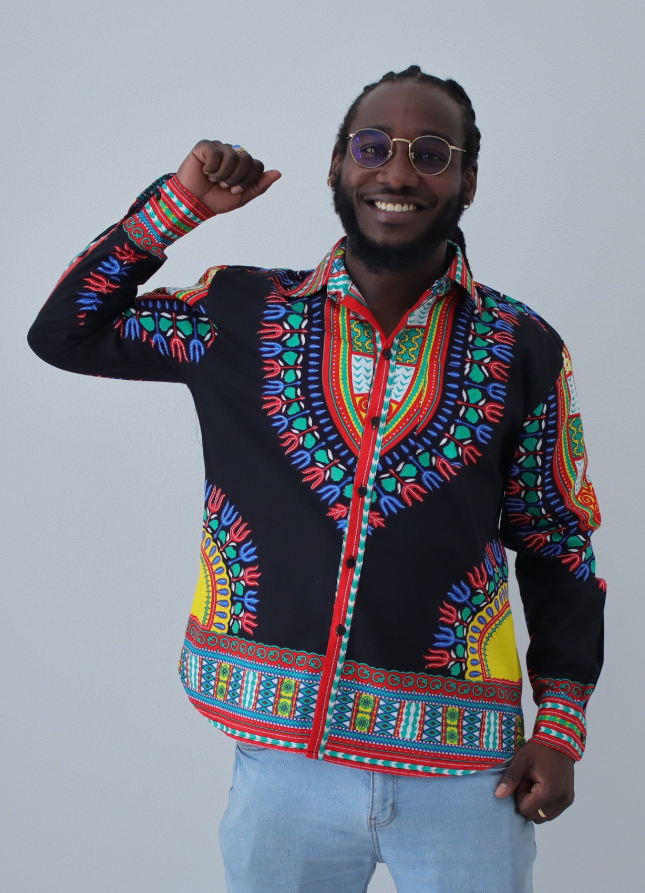 African Dashiki Long Sleeve Shirt - Euro Collar Buttons