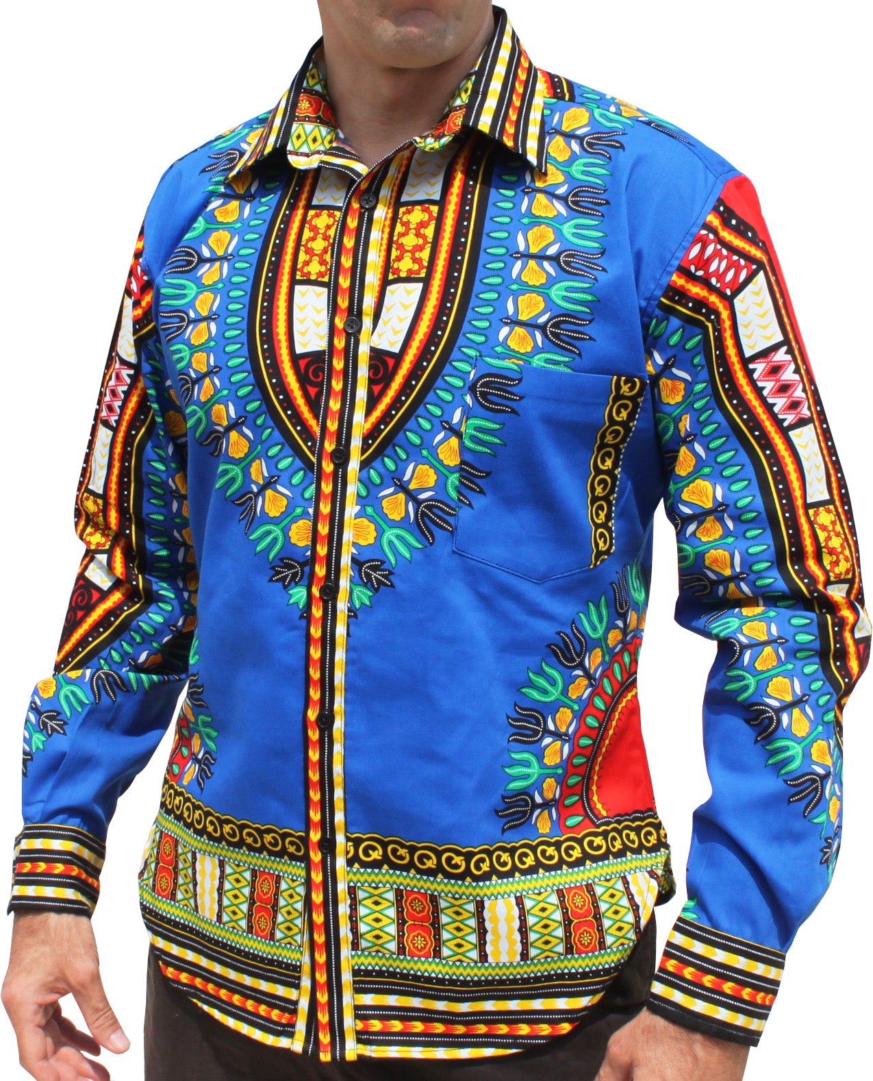 African Dashiki Long Sleeve Shirt - Euro Collar Buttons