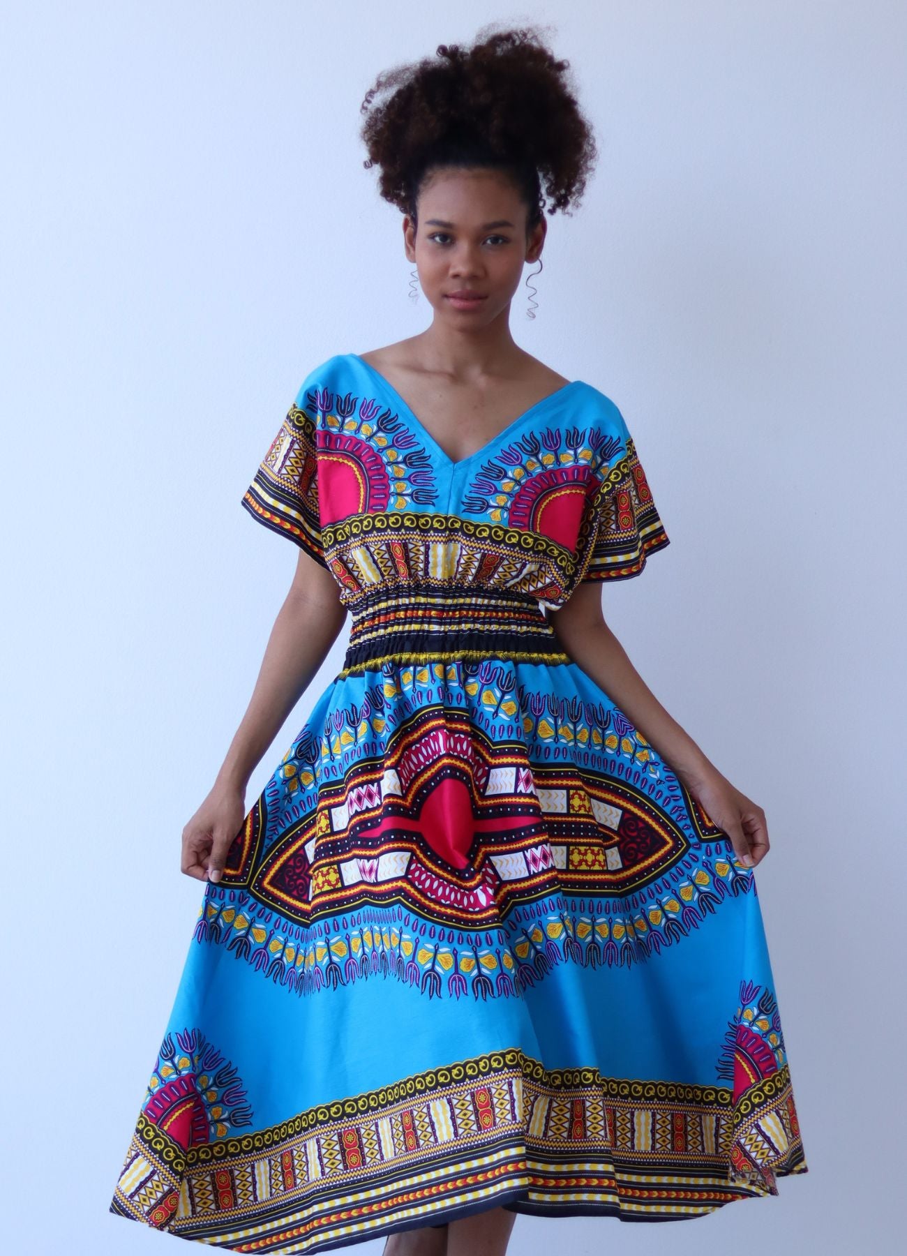 African Dashiki Dress - Round V Collar Smock Waist Colours