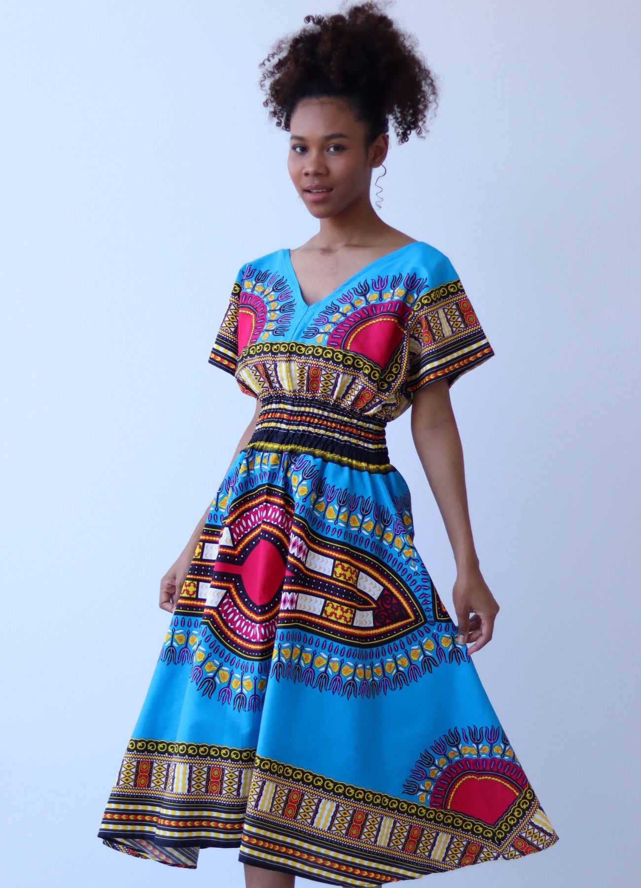 African Dashiki Dress - Round V Collar Smock Waist Colours