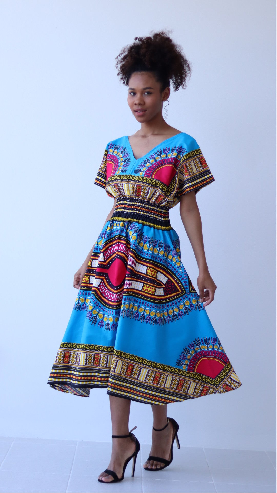 African Dashiki Dress - Round V Collar Smock Waist Colours