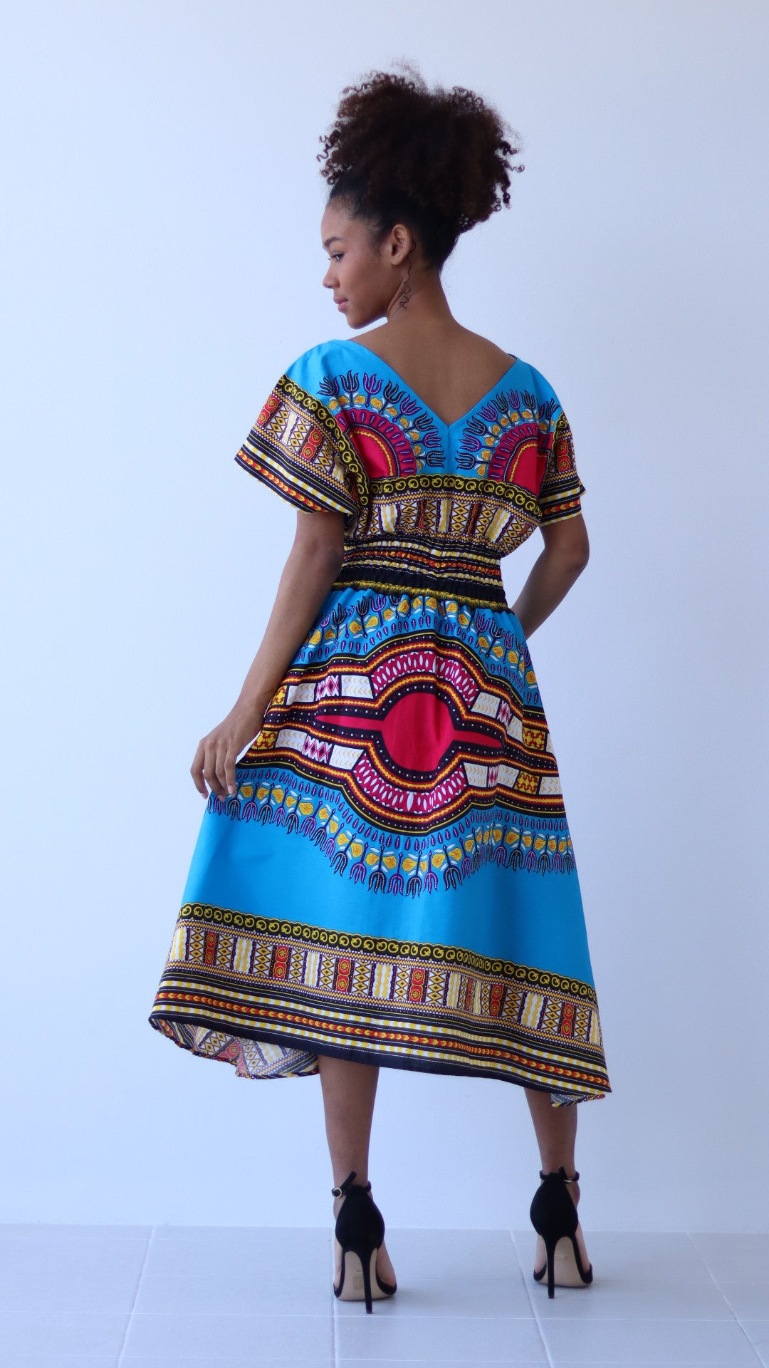 African Dashiki Dress - Round V Collar Smock Waist Colours Da'Iki African Dashiki Dress - Round V Collar Smock Waist Colours Da'Iki