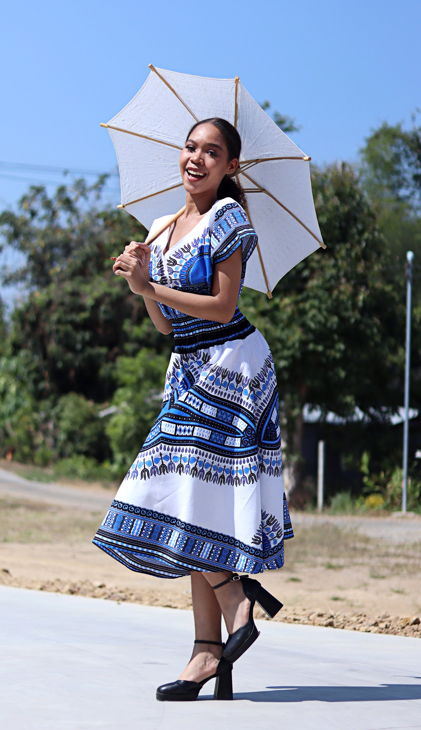 African Dashiki Dress - Round V Collar Smock Waist Colours