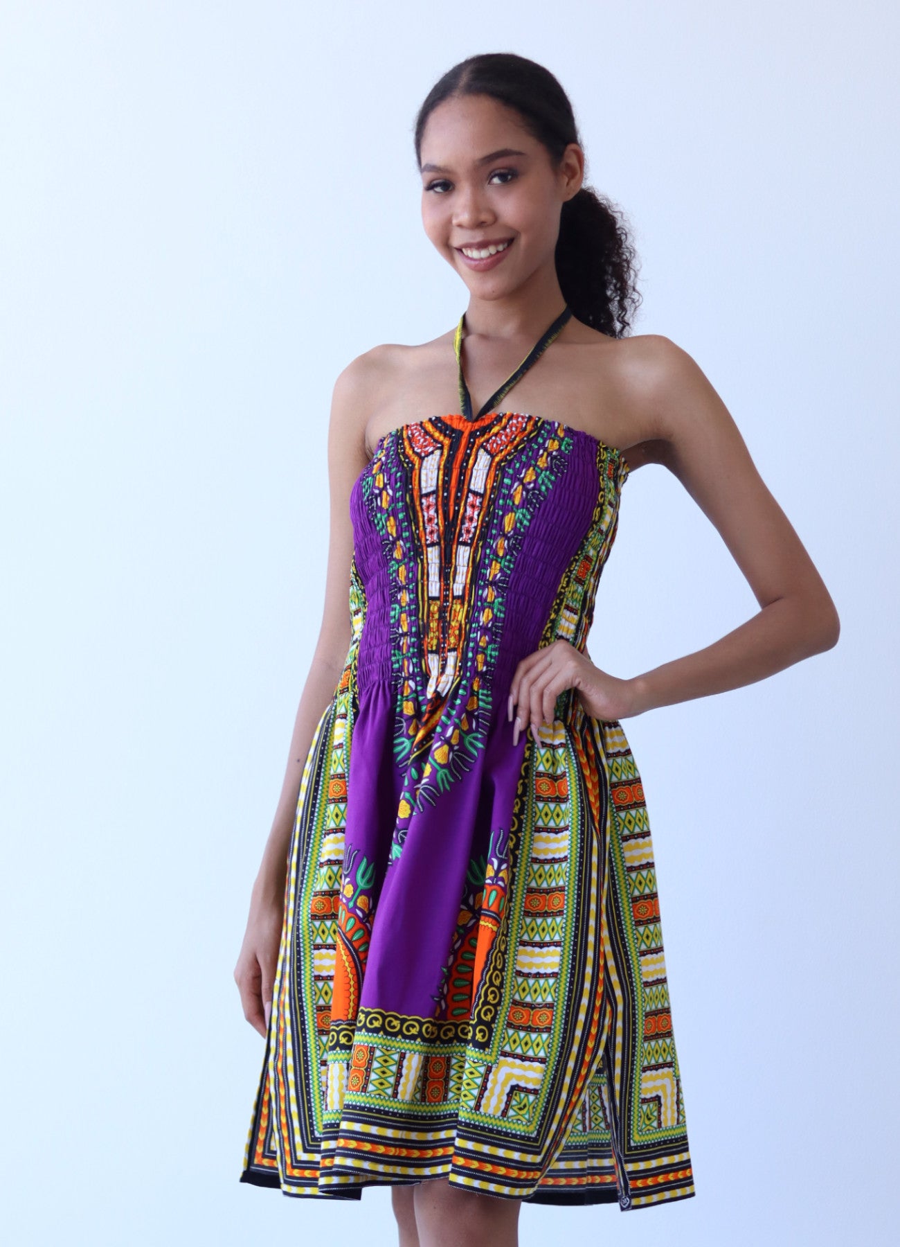 African Dashiki Dress - Open Shoulder Halter Strap